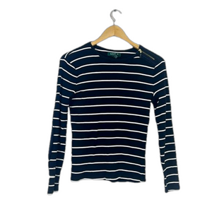 Ralph Lauren Mp Rib Knit Sweater Black White Striped 100% Cotton Long Sleeves
